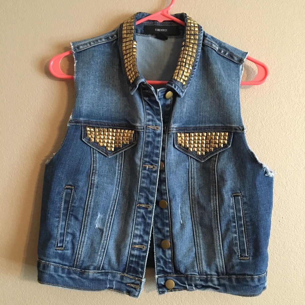 Forever 21 Distressed Gold Studded Jean Vest